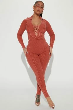 Fashion Nova Robin Mineral Wash Jumpsuit - Rust