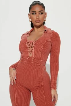 Fashion Nova Robin Mineral Wash Jumpsuit - Rust