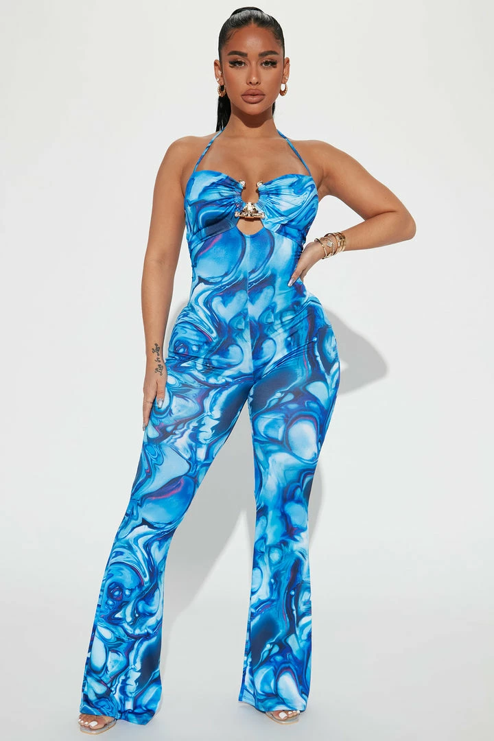 Fashion Nova Leticia Printed Jumpsuit - Blue/combo Jumpsuits
