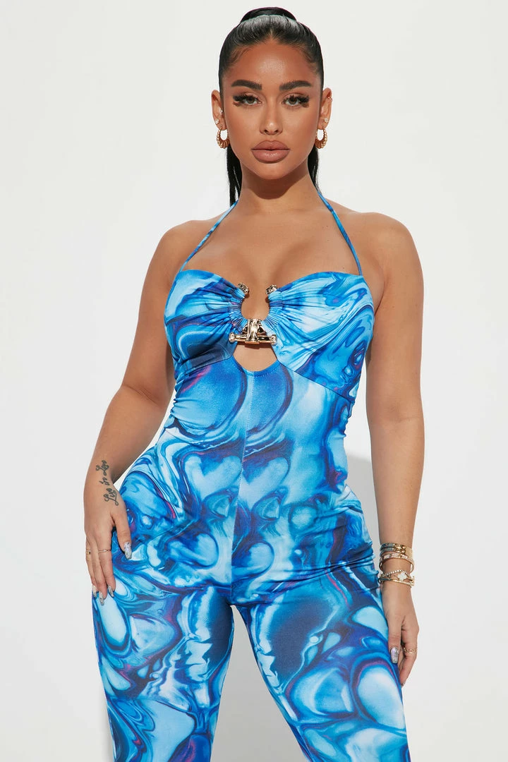 Fashion Nova Leticia Printed Jumpsuit - Blue/combo Jumpsuits