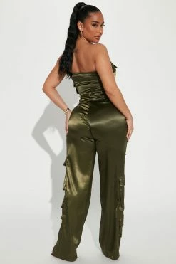 Fashion Nova Carolina Satin Cargo Jumpsuit - Olive Jumpsuits