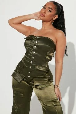 Fashion Nova Carolina Satin Cargo Jumpsuit - Olive Jumpsuits