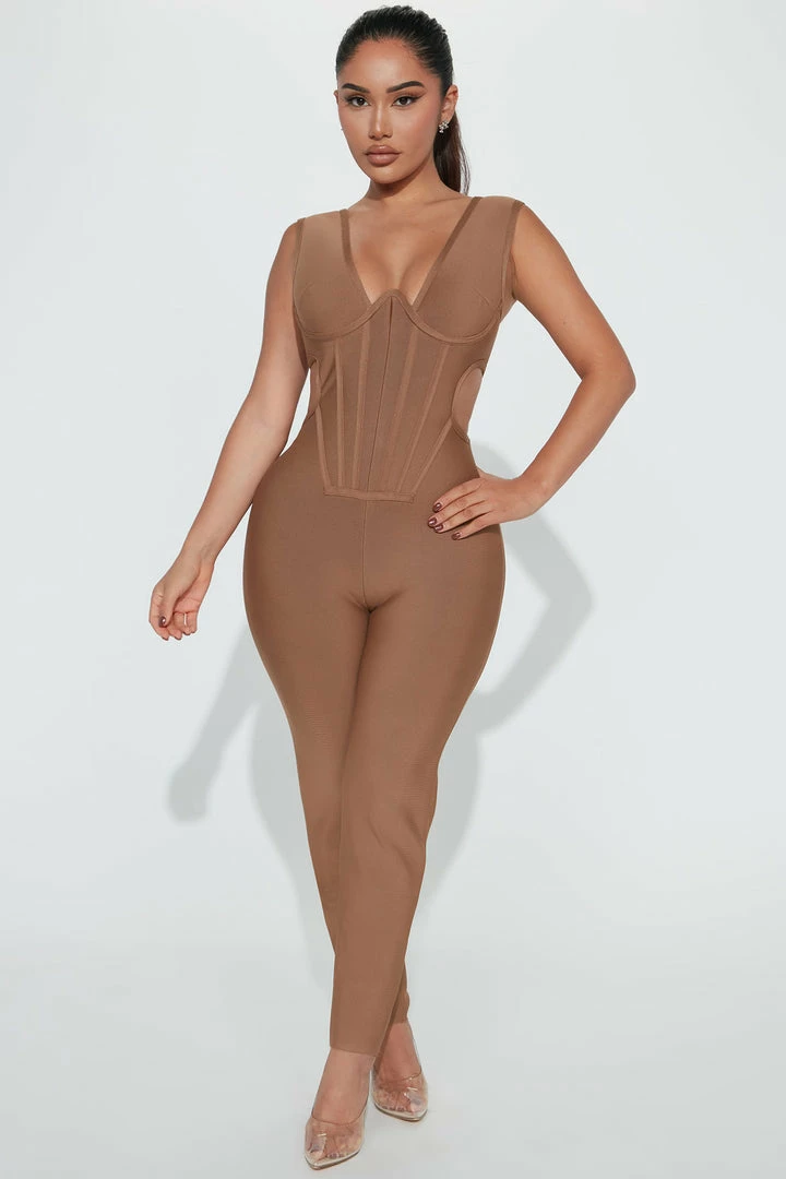 Fashion Nova Chloe Corset Jumpsuit - Mocha