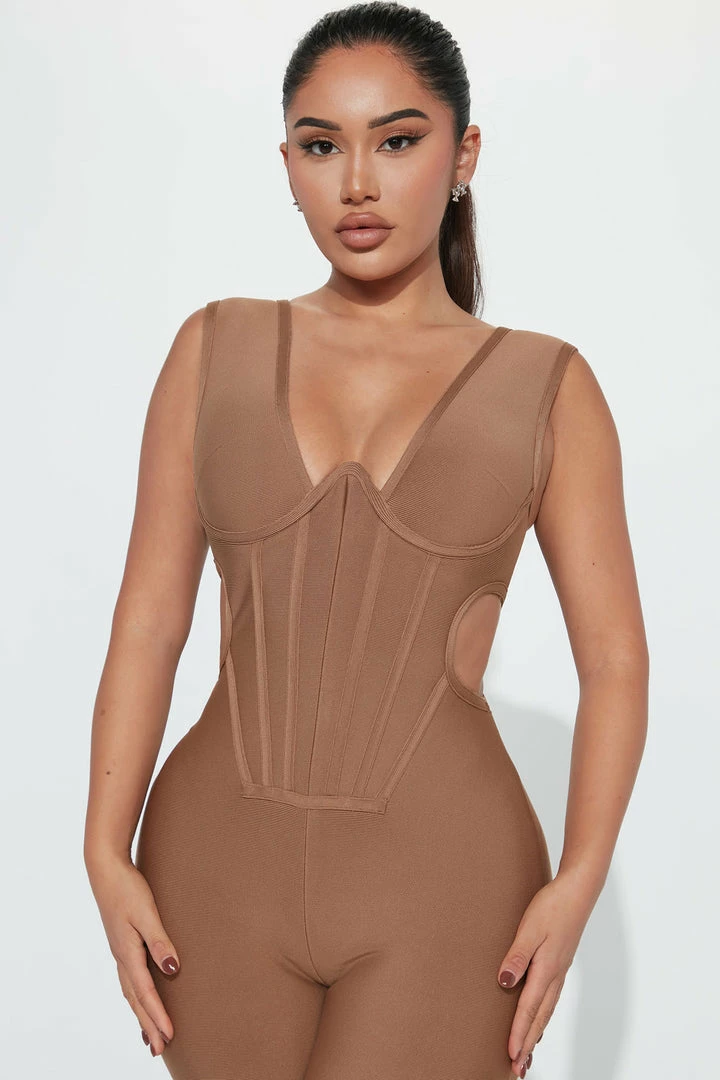 Fashion Nova Chloe Corset Jumpsuit - Mocha