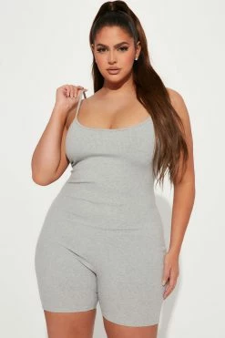 Fashion Nova Nova Season Shortie Snatched Romper - Heather Grey Rompers