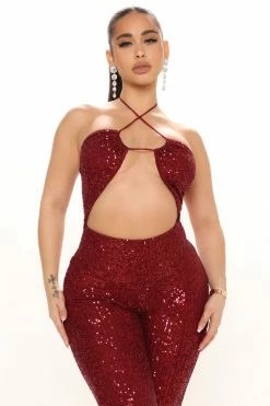 Fashion Nova Shine For Me Sequin Jumpsuit - Burgundy