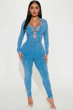 Fashion Nova Robin Mineral Wash Jumpsuit - Blue