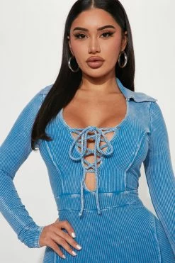 Fashion Nova Robin Mineral Wash Jumpsuit - Blue