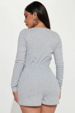 Fashion Nova Chilled Out Rib Romper - Heather Grey Rompers