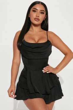 Fashion Nova Stefany Satin Romper - Black Rompers