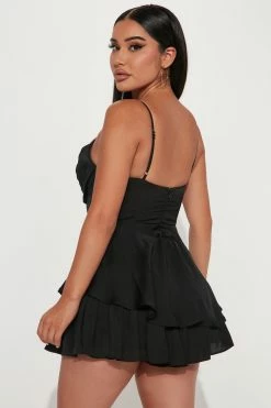 Fashion Nova Stefany Satin Romper - Black Rompers