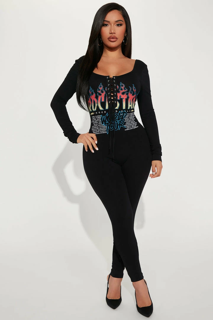 Fashion Nova On Tour Lace Up Jumpsuit - Black Jumpsuits