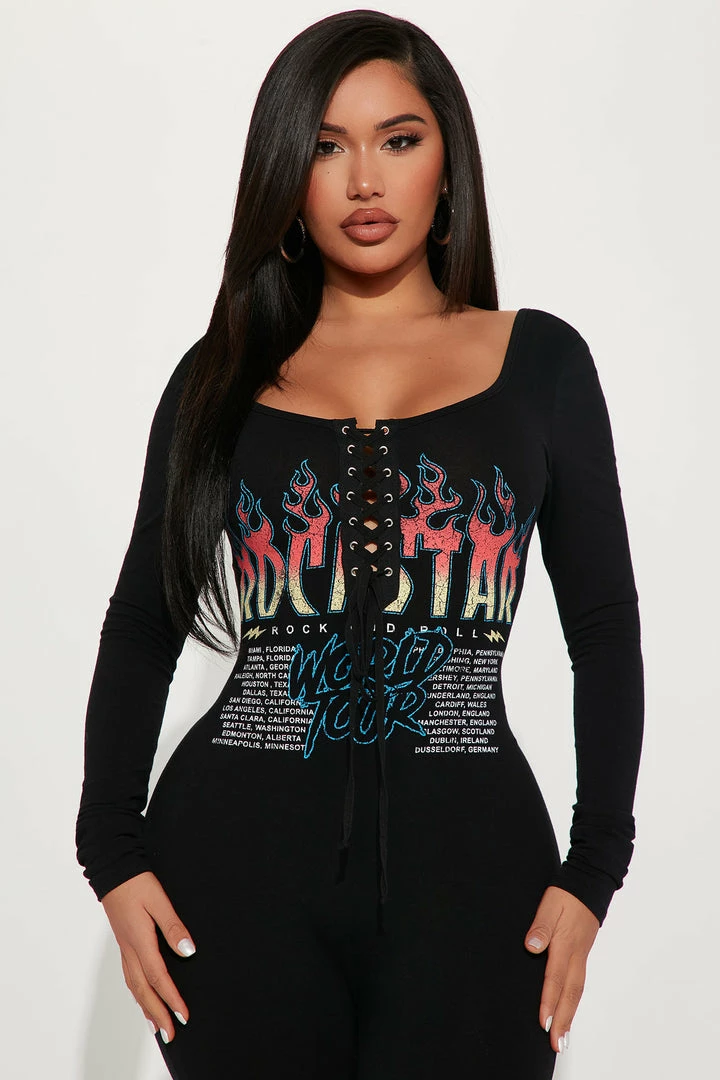 Fashion Nova On Tour Lace Up Jumpsuit - Black Jumpsuits