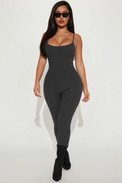 Fashion Nova Reina Ribbed Jumpsuit - Charcoal