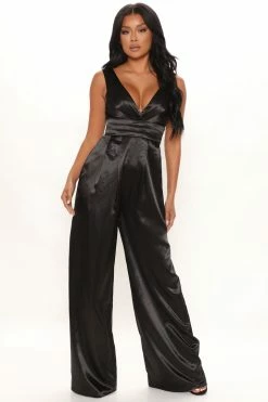 Fashion Nova Wide Leg Jumpsuits Falling Slowly Satin Jumpsuit - Black