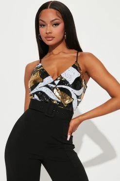 Fashion Nova Charlotte Sequin Jumpsuit - Black/Gold Jumpsuits