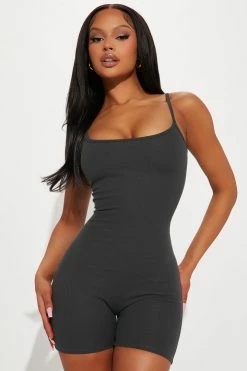Fashion Nova Rompers Rainey Ribbed Romper - Charcoal