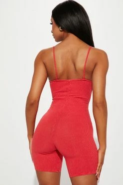 Fashion Nova Rompers Rylee Mineral Wash Rib Romper - Red