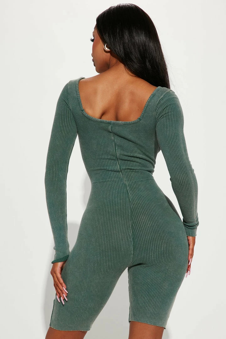 Fashion Nova Mandy Mineral Wash Rib Romper - Hunter