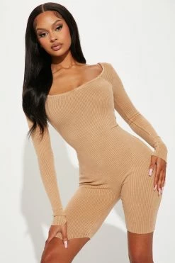 Fashion Nova Mandy Mineral Wash Rib Romper - Taupe Rompers