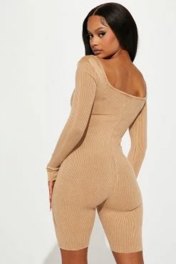 Fashion Nova Mandy Mineral Wash Rib Romper - Taupe Rompers