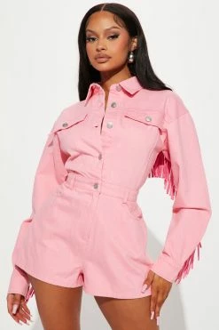 Fashion Nova Wild Wild West Denim Romper - Pink Rompers