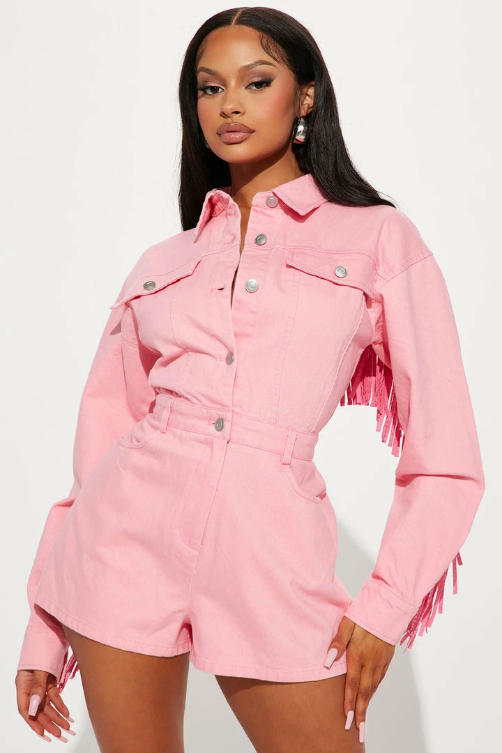 Fashion Nova Wild Wild West Denim Romper - Pink Rompers