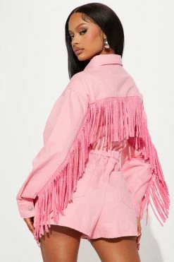 Fashion Nova Wild Wild West Denim Romper - Pink Rompers