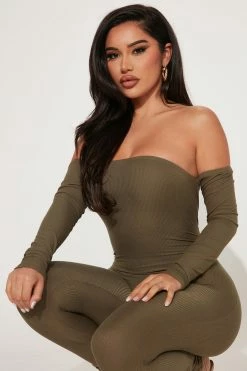 Fashion Nova Soothe Off Shoulder Rib Jumpsuit - Olive Jumpsuits