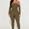 Fashion Nova Soothe Off Shoulder Rib Jumpsuit - Olive Jumpsuits