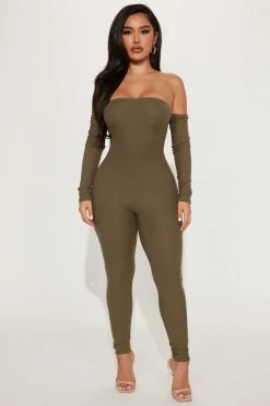 Fashion Nova Soothe Off Shoulder Rib Jumpsuit - Olive Jumpsuits