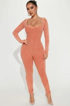 Fashion Nova Jumpsuits Madeline Mineral Wash Jumpsuit - Rust
