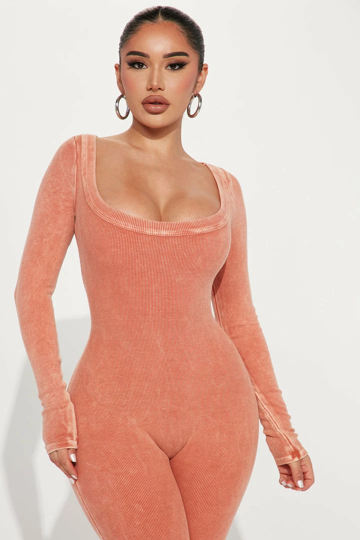 Fashion Nova Jumpsuits Madeline Mineral Wash Jumpsuit - Rust