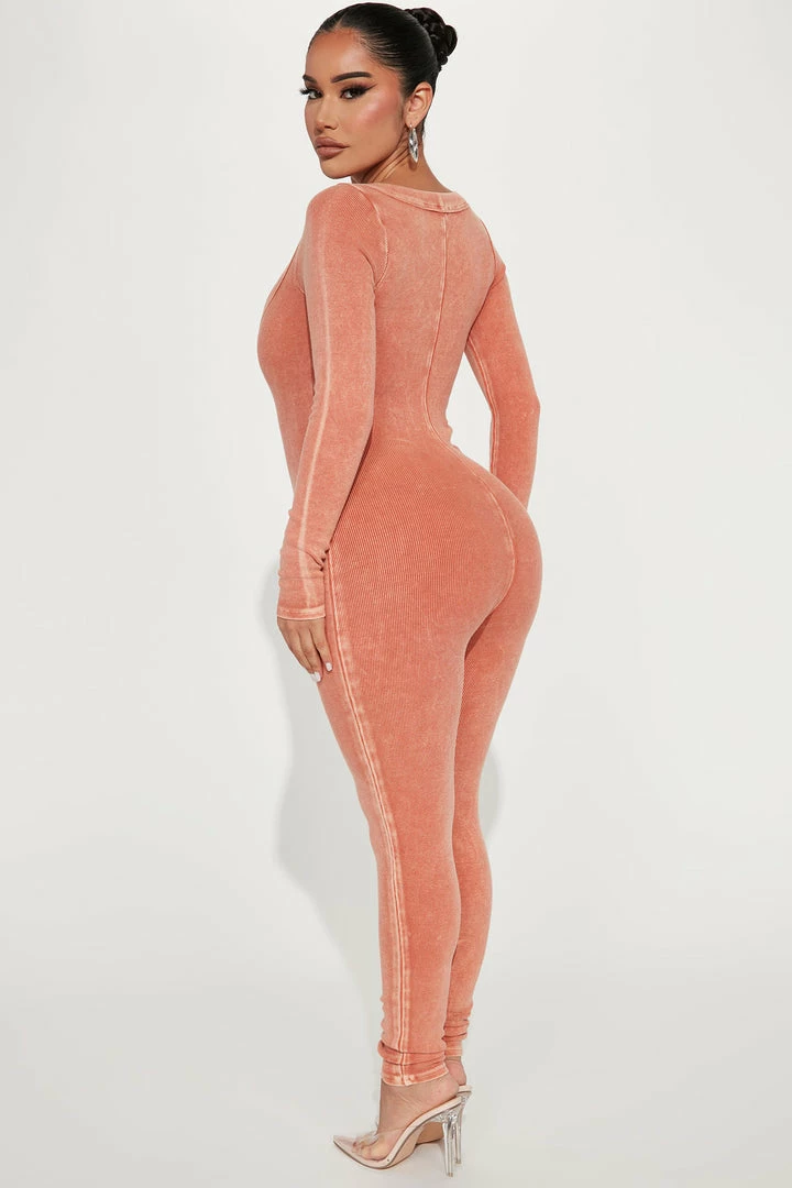 Fashion Nova Jumpsuits Madeline Mineral Wash Jumpsuit - Rust