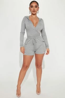 Fashion Nova Blair Hooded Romper - Heather Grey