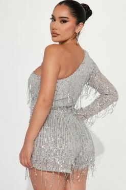 Fashion Nova Famous Fringe Romper - Silver Rompers