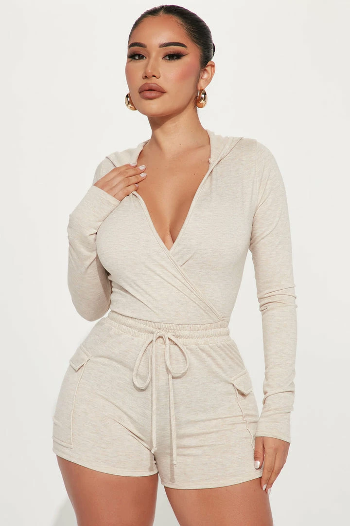 Fashion Nova Blair Hooded Romper - Oatmeal