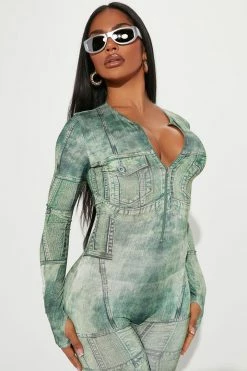 Fashion Nova Damsel In Denim Mesh Jumpsuit - Green/combo