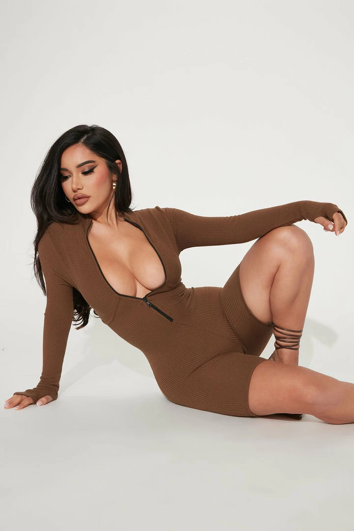 Fashion Nova Tanya Mineral Wash Rib Romper - Brown Rompers