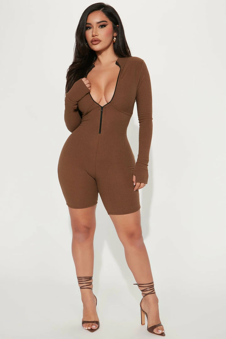 Fashion Nova Tanya Mineral Wash Rib Romper - Brown Rompers