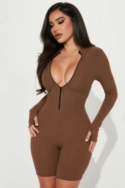 Fashion Nova Tanya Mineral Wash Rib Romper - Brown Rompers
