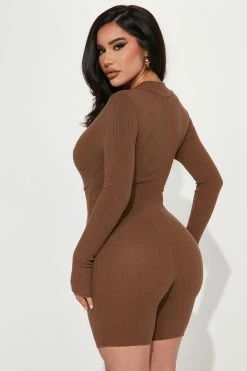 Fashion Nova Tanya Mineral Wash Rib Romper - Brown Rompers