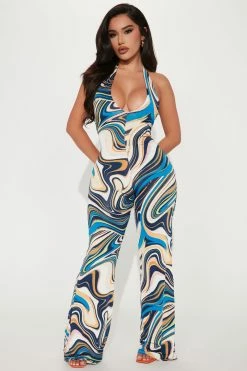 Fashion Nova Bianca Printed Jumpsuit - Blue/combo Jumpsuits