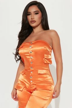 Fashion Nova Carolina Satin Cargo Jumpsuit - Orange Jumpsuits