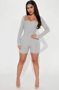 Fashion Nova Kenzie Snatched Romper - Heather Grey Rompers