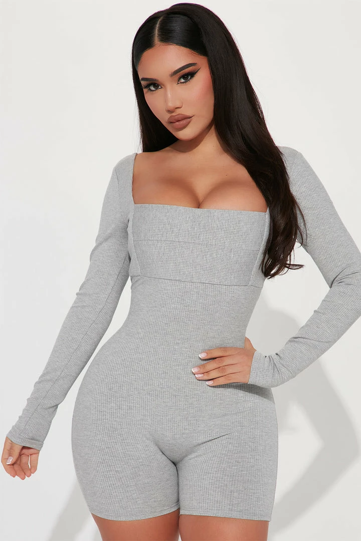 Fashion Nova Kenzie Snatched Romper - Heather Grey Rompers