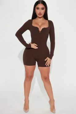 Fashion Nova Allie Snatched Romper - Chocolate