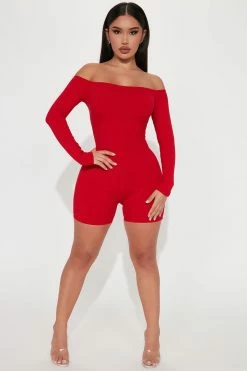 Fashion Nova Rompers Renee Off Shoulder Snatched Romper - Red