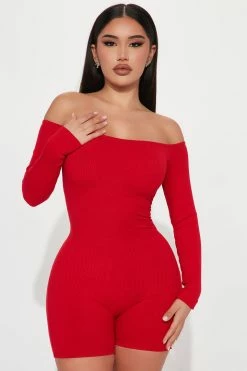 Fashion Nova Rompers Renee Off Shoulder Snatched Romper - Red