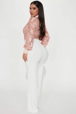 Fashion Nova A Touch Of Lace Jumpsuit - Blush/combo